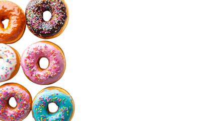 Assortment of delicious donuts with colorful toppings and various flavors 