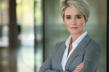 Naklejka premium Professional businesswoman confident pose arms crossed blonde hair warm smile white blouse light gray blazer office environment