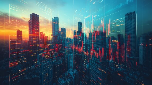 Vibrant City Skyline Illuminated by Sunset With Digital Data Overlays Transforming Urban Landscape Into a Futuristic Vista