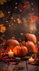 Fototapeta premium Thanksgiving Feast Setup, Warm Earthy Thanksgiving Table Decor with Pumpkins