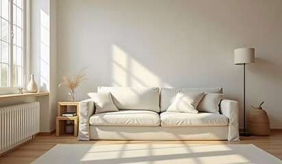 Fototapeta premium Minimalist living room with a white sofa, beige decor, natural wood accents, large window, and soft sunlight creating a cozy and serene atmosphere.