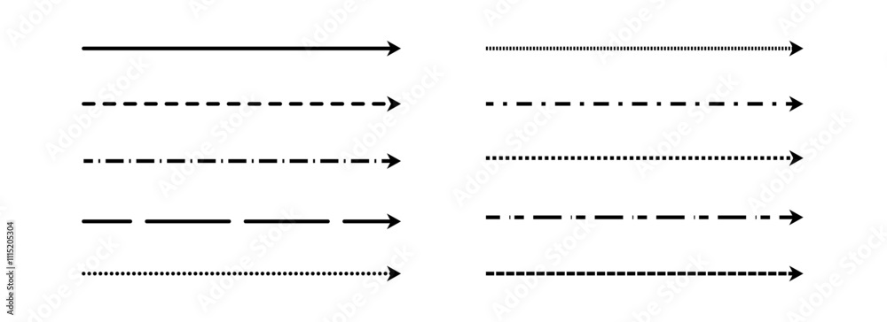 Poster black straight thin dashed arrow set. long dotted arrows collection. linear stripe element bundle fo