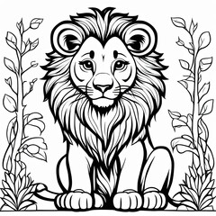 Obraz premium A line art black-and-white illustration of a cute Lion