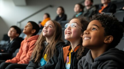 Fototapeta premium A group of children excitedly watching a performance, showcasing joy and wonder in a theater setting.