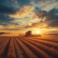 Fototapeta premium Harvesting Golden Fields at Sunset as the Sky Bursts With Color, Showcasing the Beauty of Agriculture During a Serene Evening