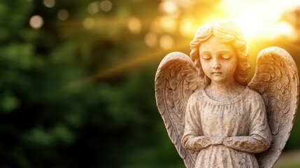 Always loved and remembered. A serene angel statue bathed in soft, warm sunlight.