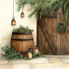 Naklejka premium A wooden barrel with lanterns and greenery beside a rustic door, creating a cozy ambiance.