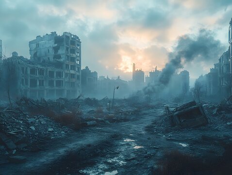 The ruins of cities hit by missiles in war can symbolize the violence and loss of international warfare. This image can be used to raise awareness of the effects of war and support calls for peace. 