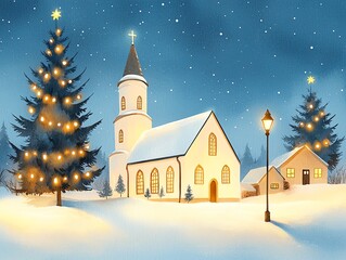 Fototapeta premium Charming winter village scene featuring a church, decorated trees, and snowfall, evoking the holiday spirit.