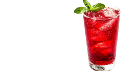 Glass of refreshing red drink with mint, a cool summer beverage 