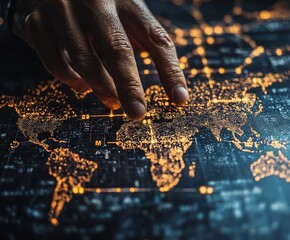 Exploring Global Connections Through Digital Mapping as a Hand Hovers Over an Illuminated World Map at Night