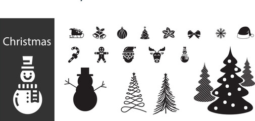 Christmas Vector Silhouette Icons - Snowman, Trees, and Holiday Elements
