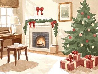 Obraz premium Cozy holiday living room with a Christmas tree, decorations, and a warm fireplace.