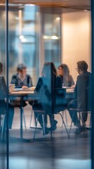 Obraz premium An office meeting room with businesspeople in blurred style background