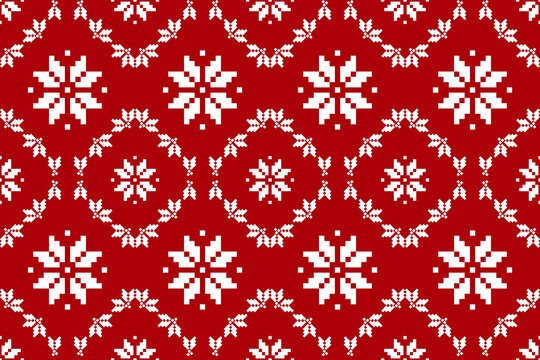 Pixel Christmas Pattern with White Snowflake Icons on Red Background,Nordic and Scandinavian Style,Ideal for Gift Wrapping,Sweaters,Fabric,Border,Banner and Digital Art Projects During the Holiday