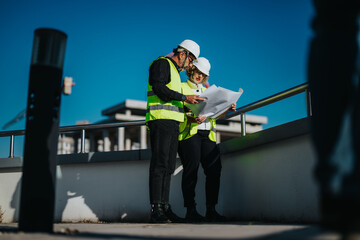 Two architects in safety gear reviewing construction blueprints at a site, conveying teamwork and...