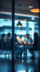 An office meeting room with businesspeople in blurred style background