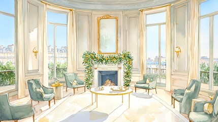 Obraz premium Elegant and bright living room with classic decor, large windows, and a cozy fireplace adorned with greenery.