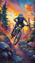 Naklejka premium A mountain biker jumps over rocks in a vibrant, colorful forest at sunset.