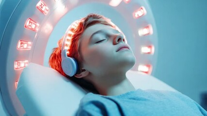 Child undergoing innovative light therapy session with headphones in a modern treatment room