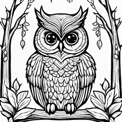 A line art black-and-white illustration of a cute Owl