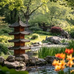 Serene Japanese Garden Pagoda  Pond  Flowers
