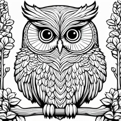 Obraz premium A line art black-and-white illustration of a cute Owl