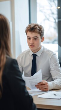 A young male boss in a white shirt and blue tie is interviewing a female employee. 