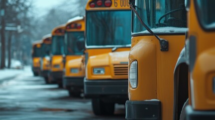 School Buses Lined Up in Snowy Street