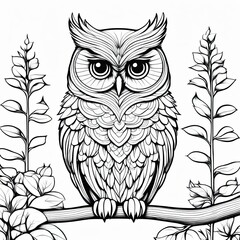 A line art black-and-white illustration of a cute Owl
