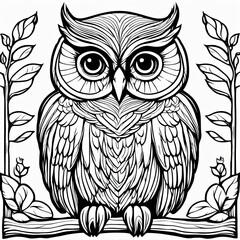 Obraz premium A line art black-and-white illustration of a cute Owl