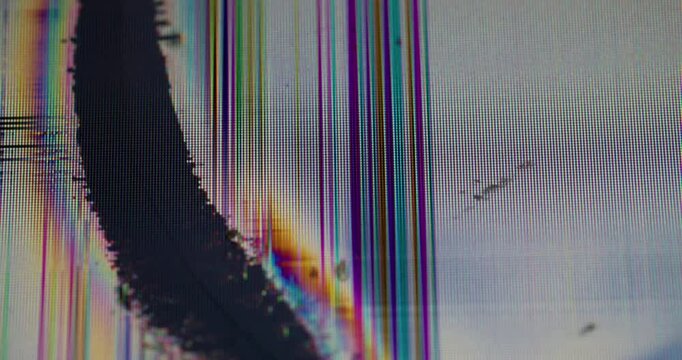 Digital noise. Glitch distortion. Black curve line crack on static artifacts pixel texture. Broken technology abstract background overlay.