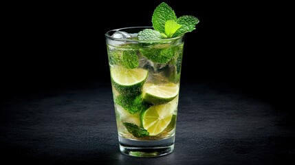 A refreshing mojito with mint leaves and lime slices in a tall glass