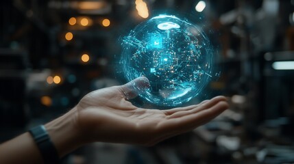 Fototapeta premium Holographic earth globe in hand, futuristic technology, virtual reality.