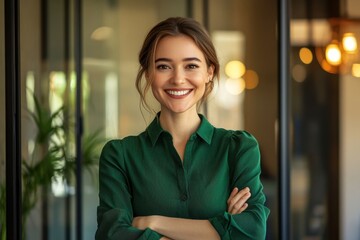Professional woman confident pose arms crossed bright smile green collared shirt