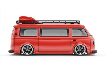 Red Retro Van: Classic Design, Modern Wheels, Rooftop Cargo Carrier, Adventurous Road Trip Vehicle, Stylish Transportation.