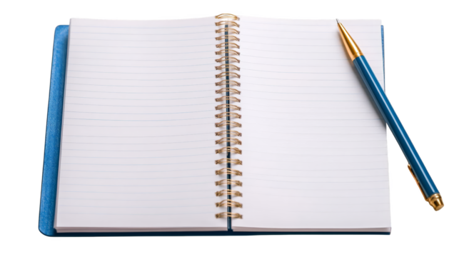Image of an open notebook with a pen and pencil placed on blank pages for writing and organization