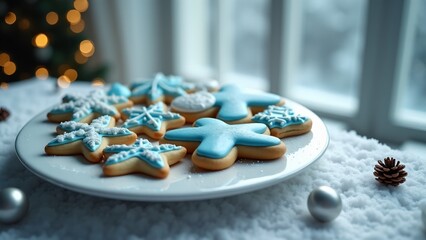 Intricate snowflake cookies in pastel blue and white with royal icing details and edible pearls. Arranged elegantly on frosted glass, surrounded by silver ribbon and faux snow for a wintry touch.