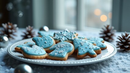 Intricate snowflake cookies in pastel blue and white with royal icing details and edible pearls. Arranged elegantly on frosted glass, surrounded by silver ribbon and faux snow for a wintry touch.