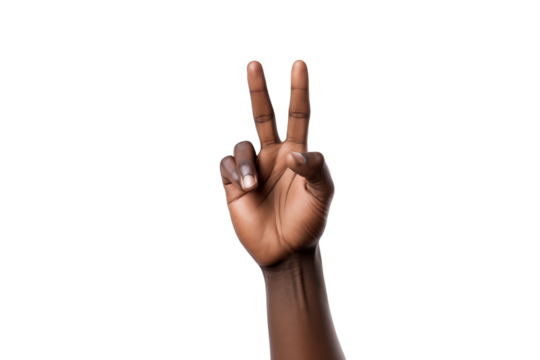 African male hand pointing up two fingers, shows peace strength or victory symbol and letter V in sign language isolated on transparent background. Generative ai