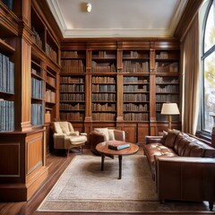 Classic Home Library Decor Mahogany Shelves and Comfortable Seating for a Cozy and Stylish Reading Environment