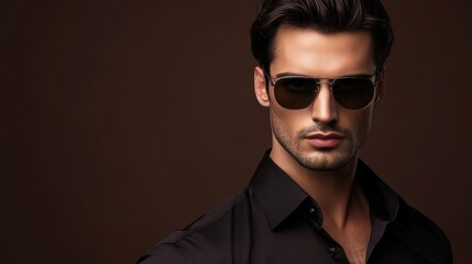 Fototapeta premium Stylish Man Portrait: Dark Fashion Model Wearing Aviator Sunglasses Against Brown Background