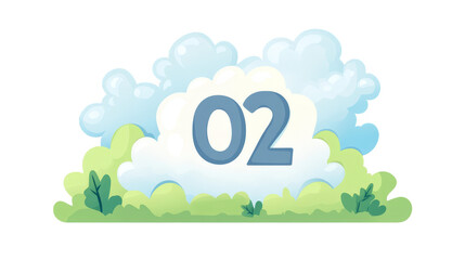The image depicts a O2 sign floating in a sunny blue sky with clouds, a rainbow, and grassy landscape in a colorful and cheerful cartoon style