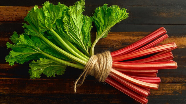 A bunch of fresh rhubarb stalks tied with twi