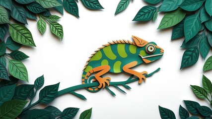Obraz premium Colorful chameleon blending in with leaves against dark green background, leaves, chameleon