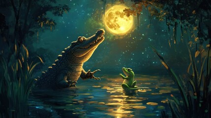 Nocturnal Harmony: Alligator and Frog Under the Moon's Glow