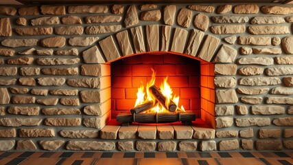 Fototapeta premium Colorful fireplace made of bricks and natural stone with a glowing flame, creating a warm and inviting atmosphere, gypsum, fireplace