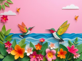 Obraz premium Colorful hummingbirds soar over sea waves in cut paper art style against a pink sky with floral decorations, vibrant, colorful