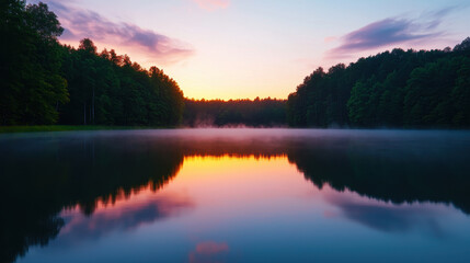 natural transpiration process concept. Serene lake at sunrise with fog and trees reflecting beautifully