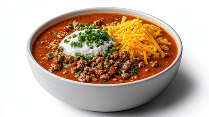 Delicious bowl of chili topped with cheese, sour cream, and green onions.